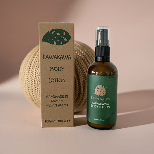 Kawakawa Body Lotion in amber bottle with pump, enriched with Coconut and Olive Oil for natural skin hydration and soothing.