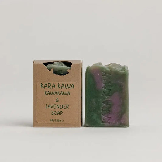 Kawakawa & Lavender Soap bar with green and purple marbling, topped with a light lavender scent, displayed on a white background.