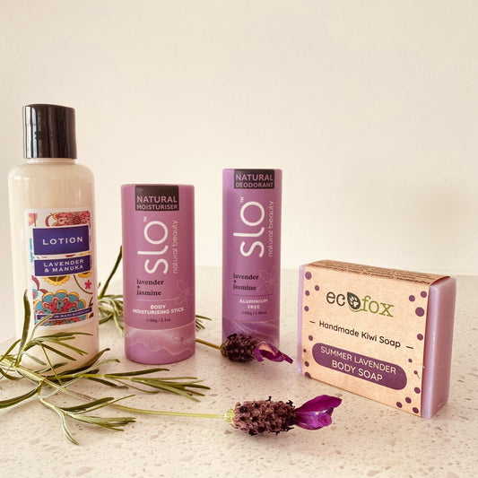 Beautifully arranged Lavender Lover Bundle showcasing four lavender-infused essentials – the ultimate gift for relaxation and comfort.