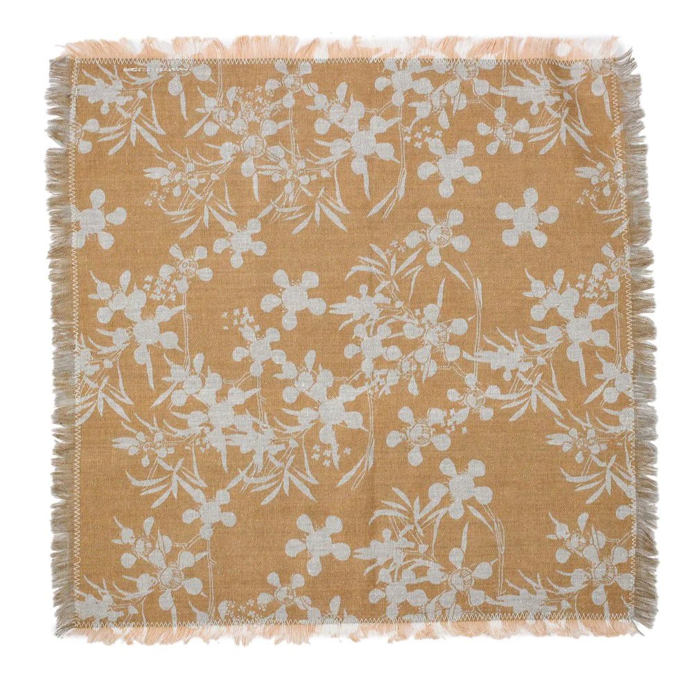 A set of 4 beautiful napkins, each screen printed with a hand drawn myrtle flower design.