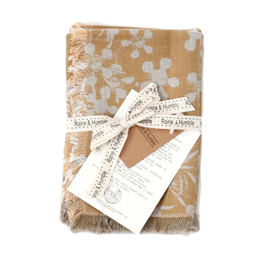 A set of 4 beautiful napkins, each screen printed with a hand drawn myrtle flower design.