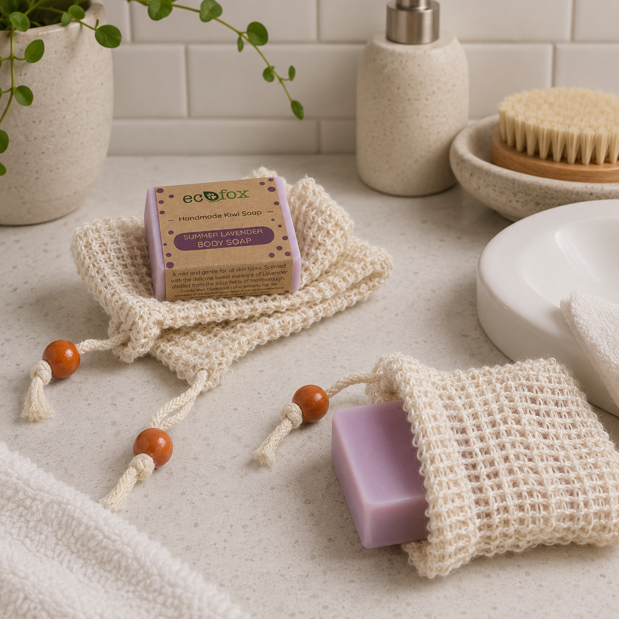 Eco Fox Natural Soap Saver & Exfoliator Bags displayed in a bathroom setting with handmade soap bars, reusable zero-waste bathing accessory for everyday skincare.