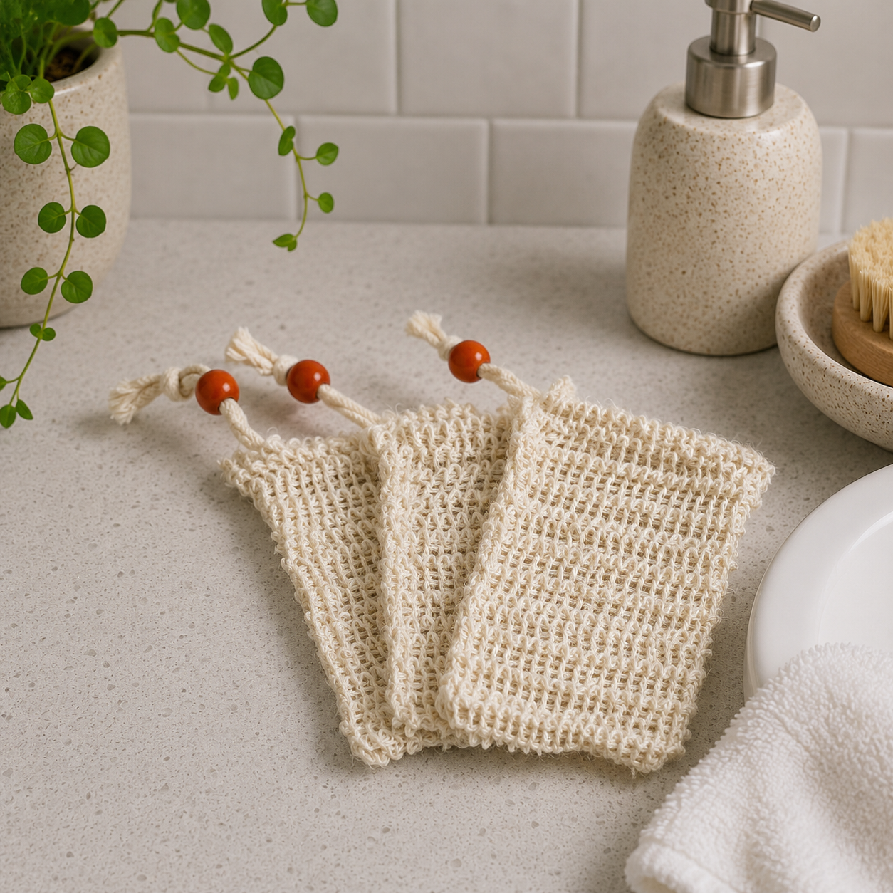 Natural Soap Saver & Exfoliator Bags with handmade lavender soap bars, eco-friendly sisal soap pouches for gentle exfoliation and extending soap life.