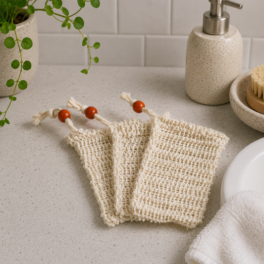 Natural Soap Saver & Exfoliator Bags with handmade lavender soap bars, eco-friendly sisal soap pouches for gentle exfoliation and extending soap life.