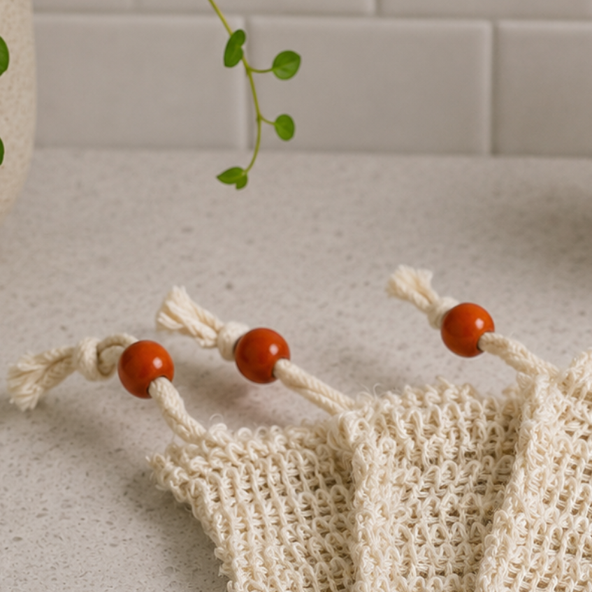 Close-up of the wooden bead and cotton drawstring on a Natural Soap Saver & Exfoliator Bag, showcasing the eco-friendly design and natural materials used in this reusable soap pouch.