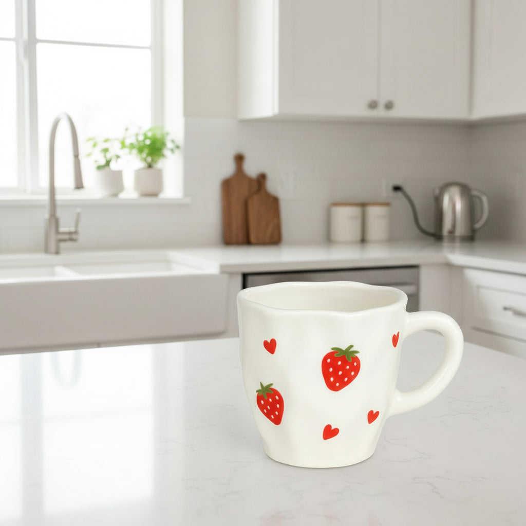 Side view of Naya Ceramic Mug with hand-painted strawberry design, showing its compact and sturdy build.