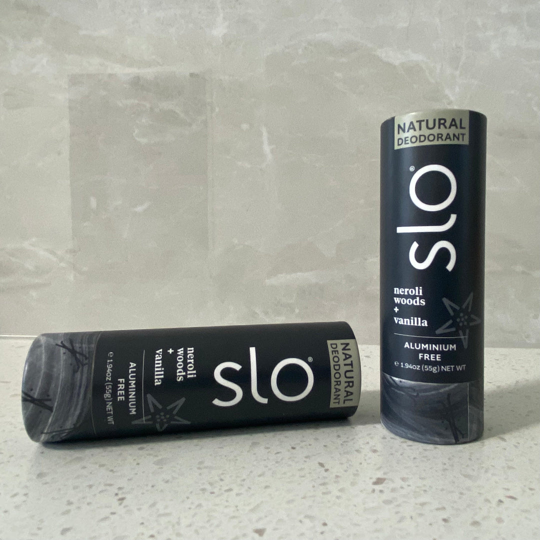 Slo Naturals Neroli Woods and Vanilla natural deodorant in compostable packaging, aluminium-free and made in New Zealand