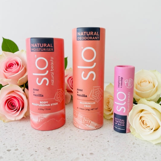 Rose Botanicals Trio: natural skincare bundle with Rose & Vanilla Body Moisturising Stick, Rose & Vanilla Natural Deodorant, and Raspberry & Rosehip Lip Balm by Eco Fox