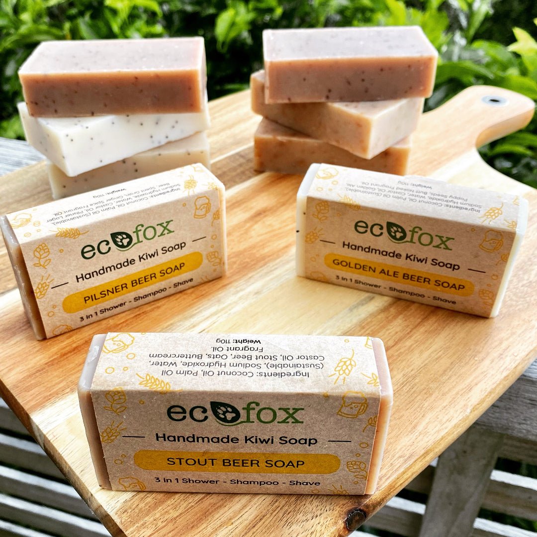 All-natural 3-in-1 beer soap bars for shampoo, body, and shaving, made with hops for soothing, skin-softening care.