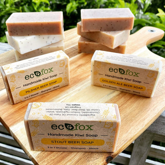 All-natural 3-in-1 beer soap bars for shampoo, body, and shaving, made with hops for soothing, skin-softening care.