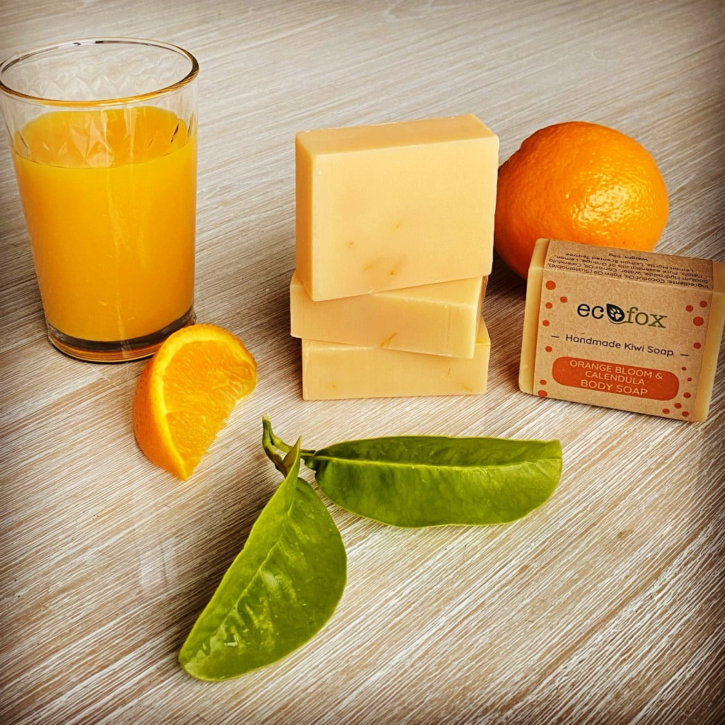 Our handmade Orange Bloom & Calendula Body Soap bar is zesty, invigorating pick me up that is antibacterial, antiseptic and just a fun moment in your day. Eco Fox Ltd, handmade soap, natural soap, eco friendly.