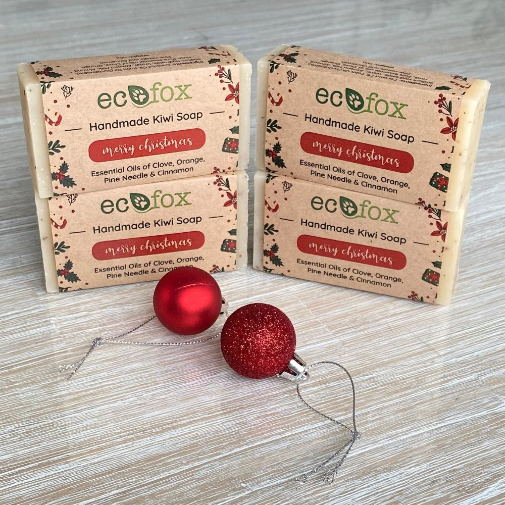 A special handmade Christmas Soap Bar with the fragrance of pine tree, fresh fruit and spices. Made with Almond Milk and enriched with moisturising and nourishing essential oils of Clove, Orange, Pine Needle & Cinnamon. handmade christmas soap, natural soaps, eco store, artisanal soap, shampoo soap bar, Eco Fox