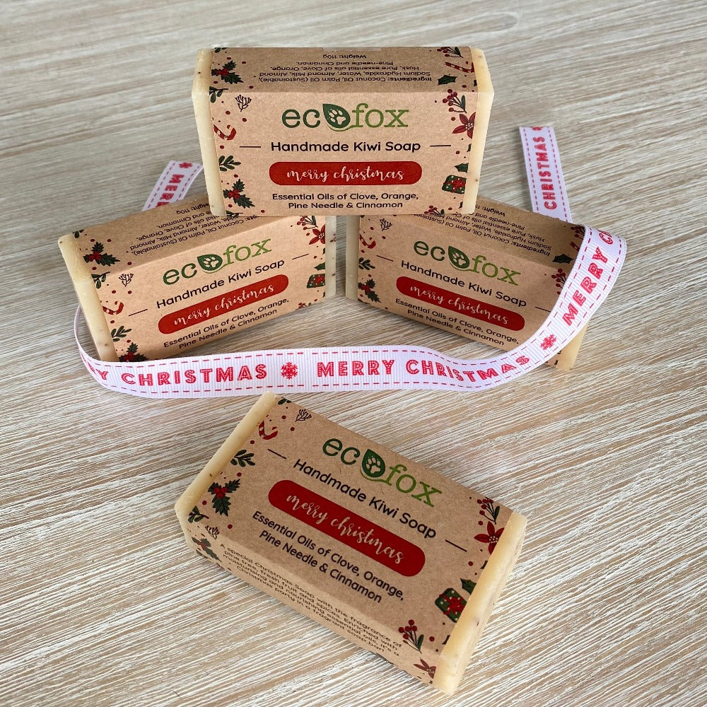 A special handmade Christmas Soap Bar with the fragrance of pine tree, fresh fruit and spices.  Made with Almond Milk and enriched with moisturising and nourishing essential oils of Clove, Orange, Pine Needle & Cinnamon. handmade Christmas soap, natural soaps, eco store, artisanal soap, shampoo soap bar, Eco Fox